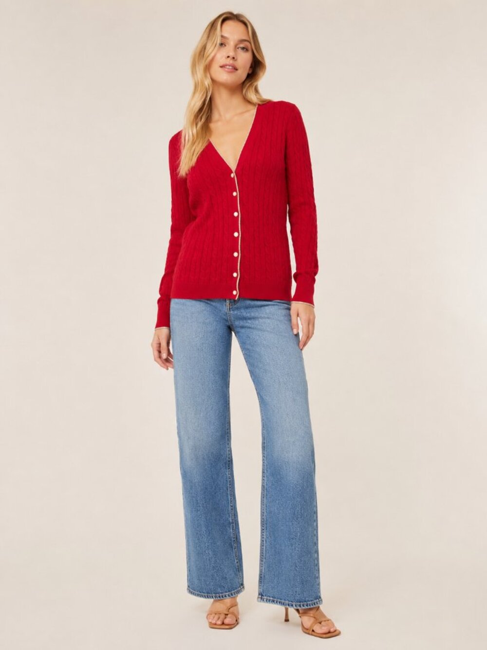 2/$30 Lands' End Gold Shimmer Trim Cable-Knit V-Neck Cardigan Rich Red XL #A4259